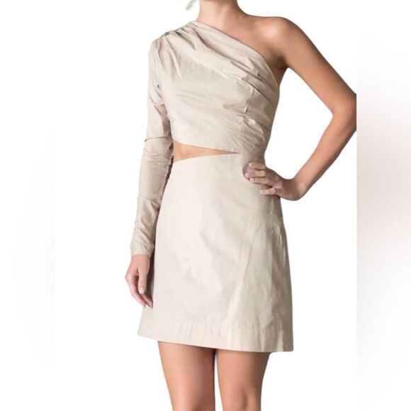 NWT S/W/F Mini Tan Dress One Shoulder Size S - Picture 3 of 10